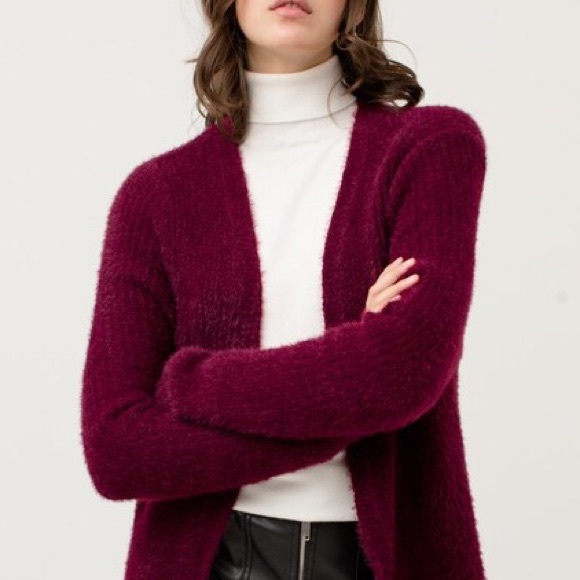 Burg Wine Soft & Fuzzy Long Cardigan w/ Pockets - Picture 3 of 5